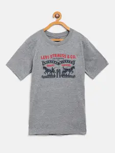 Levis Boys Grey Melange Brand Logo Print Round Neck T-shirt