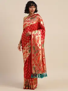 VASTRANAND Red & Golden Silk Blend Woven Design Banarasi Saree