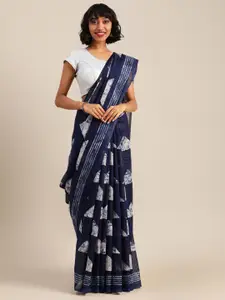 Rajnandini Navy Blue & White Linen Blend Printed Dabu Saree