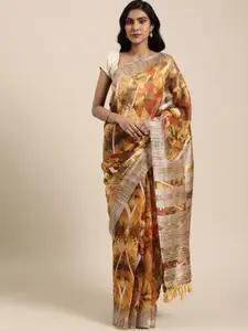 Rajnandini Yellow & Beige Cotton Blend Geometric Printed Saree