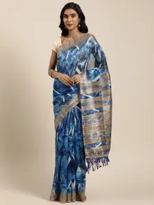 Rajnandini Blue & Beige Cotton Blend Geometric Printed Saree