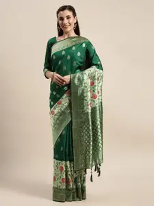 Amrutam Fab Green & Gold-Toned Silk Blend Woven Design Banarasi Saree