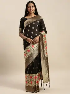Amrutam Fab Black & Gold-Coloured Silk Blend Woven Design Banarasi Celebrity Saree