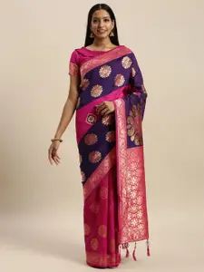Amrutam Fab Pink & Navy Blue Silk Blend Woven Design Banarasi Celebrity Saree