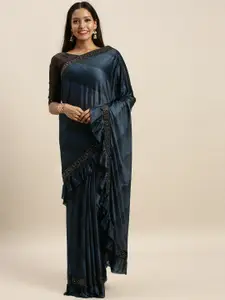 Amrutam Fab Teal Blue & Black Silk Blend Striped Block Print Saree with Ruffle border