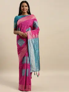 Amrutam Fab Pink & Turquoise Blue Silk Blend Woven Design Banarasi Saree