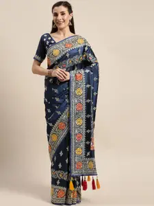 Amrutam Fab Navy Blue & Off-White Pure Silk Embroidered Saree