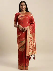 Amrutam Fab Red & Gold-Coloured Silk Blend Woven Design Banarasi Celebrity Saree