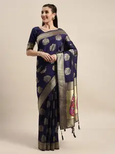 Amrutam Fab Navy Blue & Gold-Toned Silk Blend Woven Design Banarasi Saree
