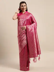 Amrutam Fab Pink & Gold-Toned Silk Blend Woven Design Banarasi Saree