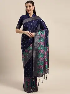 Amrutam Fab Navy Blue & Green Silk Blend Woven Design Banarasi Saree