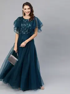 Inddus Teal Blue Embellished Maxi Dress With Flutter Sleeves