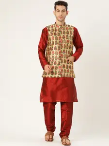 SOJANYA Men Maroon & Beige Solid Kurta with Churidar & Printed Nehru Jacket