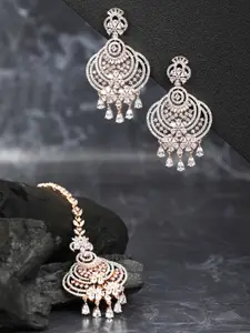 Priyaasi Rose Gold-Plated AD Studded Handcrafted Maang Tika And Earrings Set