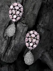 Priyaasi Pink & Gunmetal-Toned Silver-Plated Handcrafted Teardrop Shaped Drop Earrings
