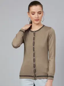 Cayman Women Beige Solid Cardigan Sweater With Contrast Stripe Detail