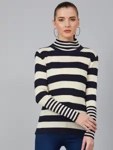 Cayman Women Navy Blue & Off-White Striped Acrylic Pullover