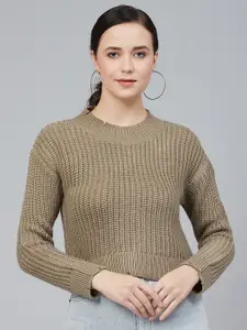 Cayman Women Beige Self-Striped Pullover Acrylic Sweater