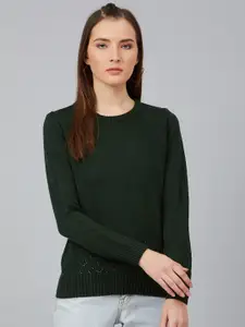 Cayman Women Olive Green Open Knit Self Design Pullover
