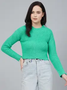 Cayman Women Green Ribbed Crop Acrylic Pullover Sweater