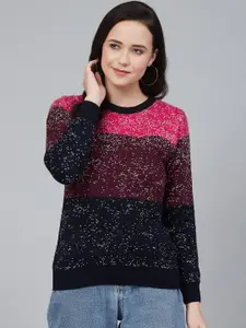 Cayman Women Navy Blue & Maroon Colourblocked Pullover Acrylic Sweater