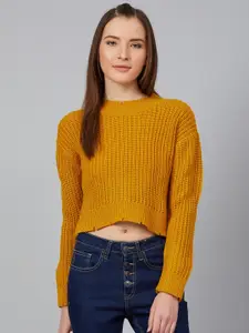 Cayman Women Mustard Yellow Ribbed Crop Pullover Sweater
