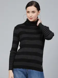 Cayman Women Charcoal Grey & Black Striped Pullover Sweater