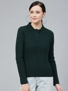 Cayman Women Green Ribbed Acrylic Pullover Sweater