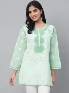 ADA Women Sea Green & White Chikankari Hand Embroidered Pure Cotton Semi-Sheer Straight   Handloom Kurti
