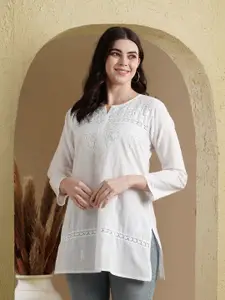 ADA Women White Chikankari Hand Embroidered Pure Cotton Straight  Kurti
