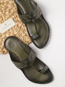 House of Pataudi Men Olive Green & Gold-Toned Handcrafted Synthetic Leather Braided One-Toe Sandals