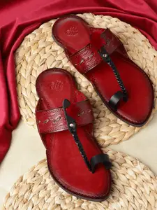 House of Pataudi Men Maroon & Black Textured Handcrafted Comfort Sandals