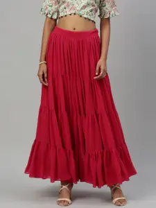 Inddus Women Magenta Pink Solid Georgette Ruffle Tiered Skirt