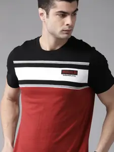 Roadster Men Maroon & Black Striped Round Neck T-shirt