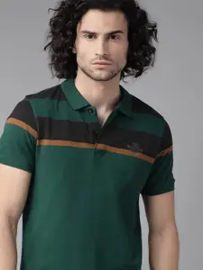 Roadster Men Green & Black Striped Polo Collar T-shirt