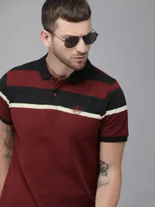 Roadster Men Maroon  Black Striped Polo Collar Pure Cotton T-shirt