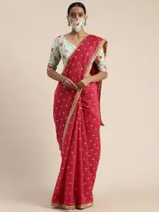 Ethnovog Pink Embellished Cotton Blend Saree With Matching Mask