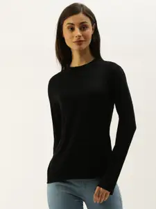 ether Women Black Solid High Neck Long Sleeve With Thumbhole Round Neck T-shirt