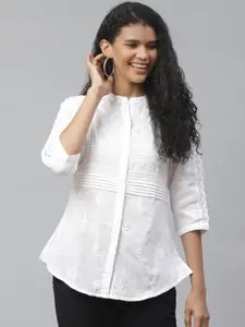 akheri Women White Chikankari Embroidered Casual Shirt