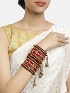 Peora Gold-Plated & Maroon Set Of 10 Matching Floral Kundan Studded Chura Bangle Set