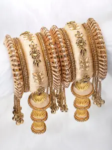 Peora Gold-Plated & Off-White Set Of 10 Matching Floral Kundan Studded Chura Bangle Set
