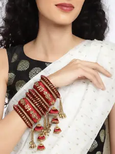 Peora Set of 4 Gold Plated & Maroon Kundan Silk Thread Chura Bangle