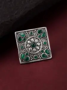 Peora Oxidised Green Silver-Plated Afghan Studded Floral Adjustable Finger Ring