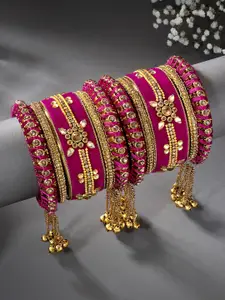 Peora Gold-Plated & Pink Set Of 10 Velvet Matching Floral Kundan Studded Chura Bangle Set