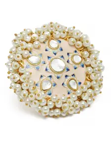 Peora Pink Gold-Plated Enamelled Kundan & Pearls Adjustable Finger Ring
