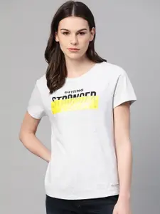 Pepe Jeans Women Grey Melange & Yellow Printed Round Neck T-shirt