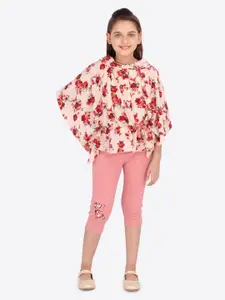 CUTECUMBER Girls Peach-Coloured & Red Floral Printed Top with Jeggings