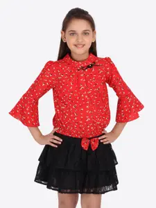CUTECUMBER Girls Red & Black Printed Top with Skirt