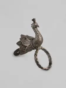 Anouk Silver-Plated Oxidized Peacock Design Adjustable Finger Ring
