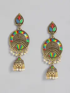 Anouk Yellow & Blue Antique Gold-Plated Beaded Enamelled Jhumkas